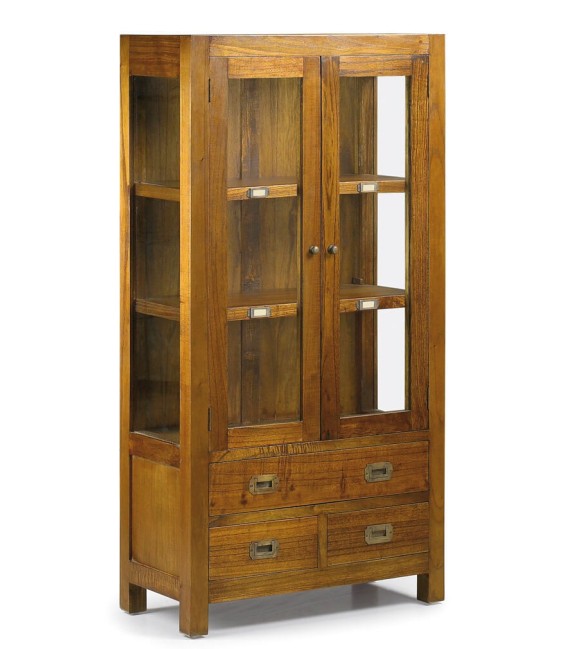 Vitrina baja madera maciza de mindi acabado teca 3 cajones 2 puertas