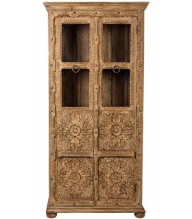 Vitrina étnica de madera tallada a mano con puertas combinadas.