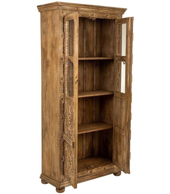 Vitrina étnica de madera tallada a mano con puertas combinadas. 1