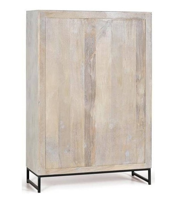 Armario alto de madera tallada blanqueada con base metálica gris. 3