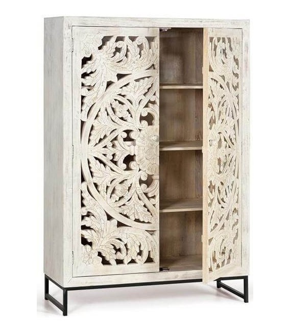 Armario alto de madera tallada blanqueada con base metálica gris. 2