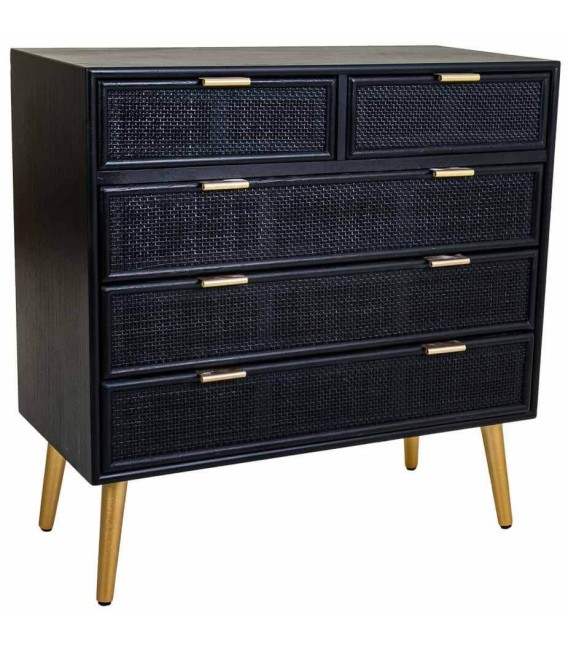 Cómoda Pequeña de Madera y Ratán Negro con Patas y Tiradores Dorados Mdmhogar
