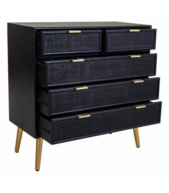 Cómoda Pequeña de Madera y Ratán Negro con Patas y Tiradores Dorados Mdmhogar2