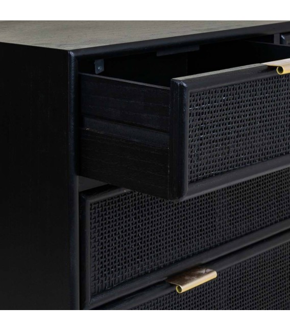 Cómoda Pequeña de Madera y Ratán Negro con Patas y Tiradores Dorados Mdmhogar3