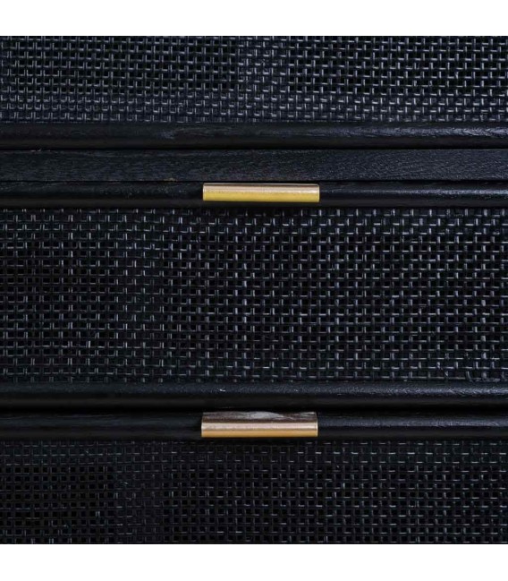 Cómoda Pequeña de Madera y Ratán Negro con Patas y Tiradores Dorados Mdmhogar4