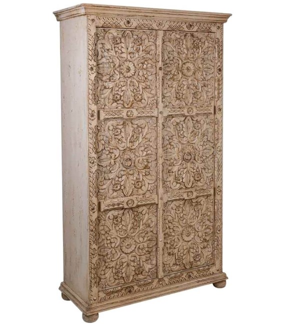 Armario alacena étnico blanco tallado en madera con herrajes metal