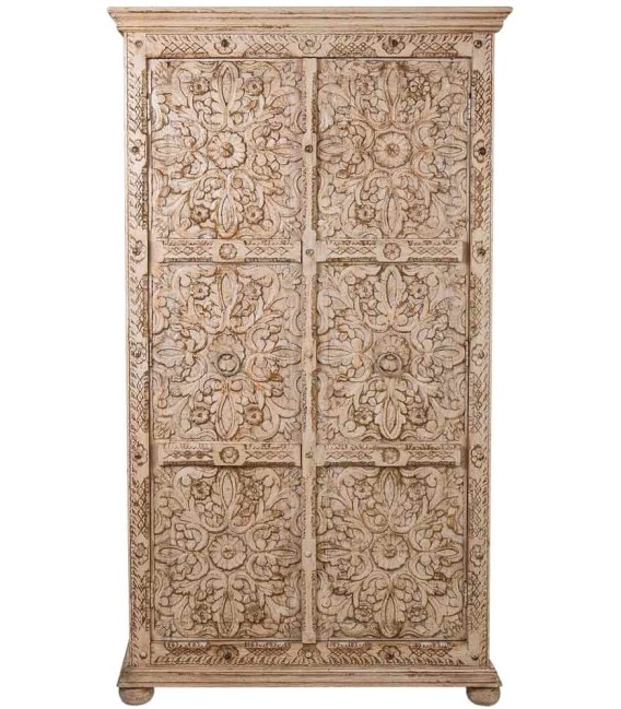 Armario alacena étnico blanco tallado en madera con herrajes metal 1