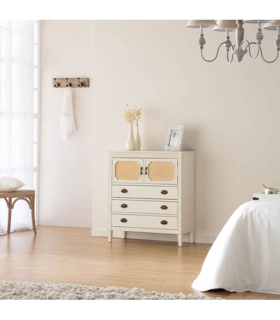COMODA 82 X 36 SOLEA MADERA BLANCA RATAN NATURAL