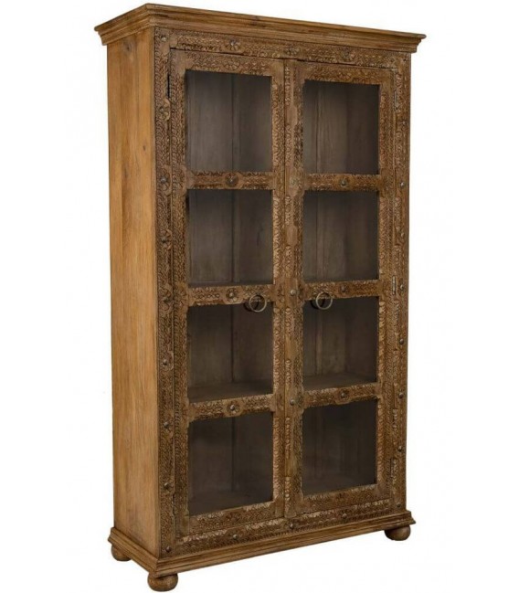 Vitrina étnica de mango tallado a mano con puertas acristaladas. Mdmhogar