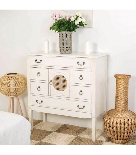 COMODA PEQUEÑA 85 X 38 X 90 MIRLA MADERA BLANCA RATAN NATURAL