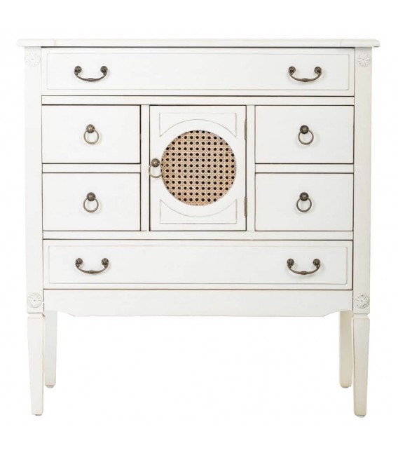 COMODA PEQUEÑA 85 X 38 X 90 MIRLA MADERA BLANCA RATAN NATURAL