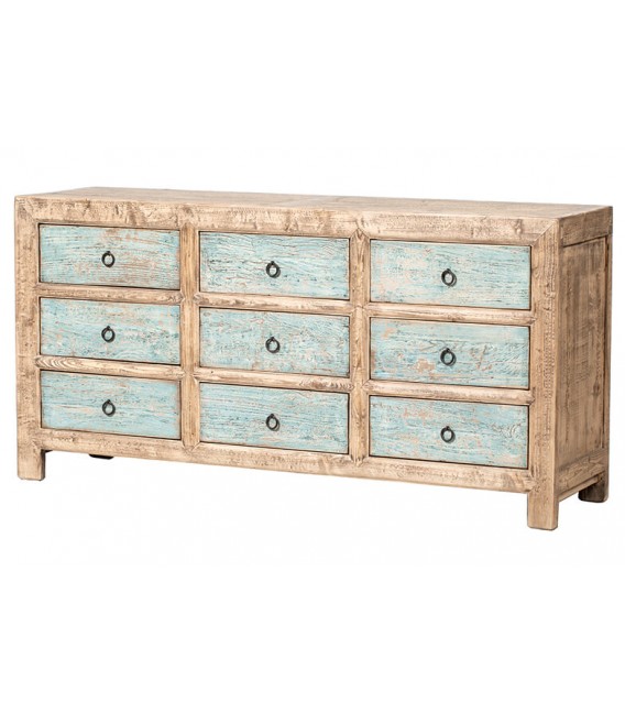 COMODA 179 X 48 SUIZA ARTESANAL MADERA NATURAL Y AZUL