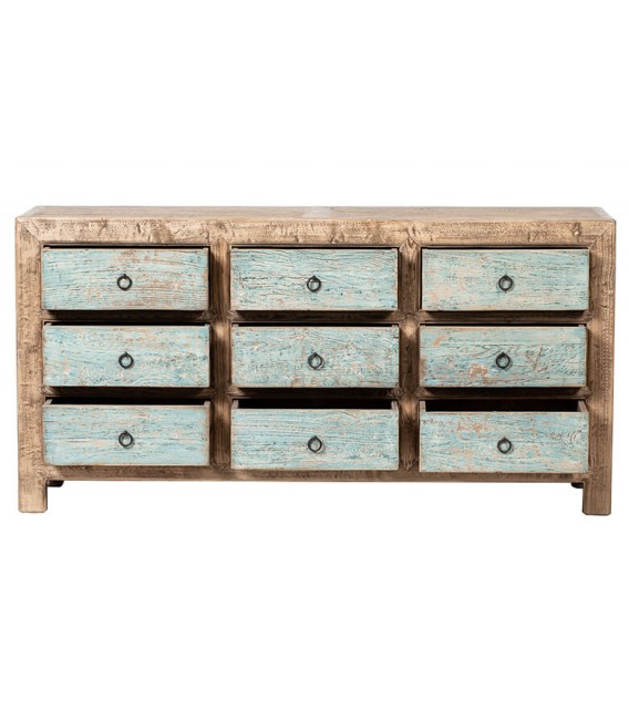 COMODA 179 X 48 SUIZA ARTESANAL MADERA NATURAL Y AZUL