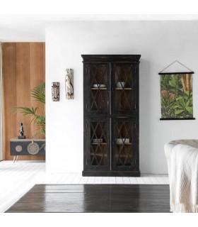 Vitrina colonial de madera maciza negra con puertas acristaladas.  Mdmhogar