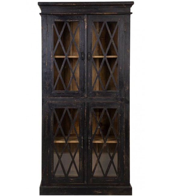 Vitrina colonial de madera maciza negra con puertas acristaladas.