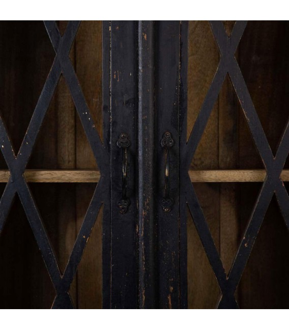 Vitrina colonial de madera maciza negra con puertas acristaladas. 4