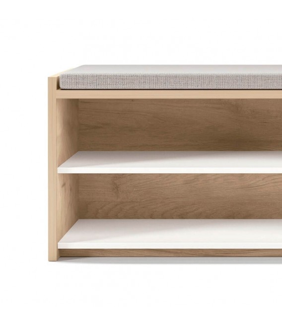 BANCO PIE DE CAMA 110 X 43 COBALA MELAMINA ROBLE Y BLANCA TELA GRIS