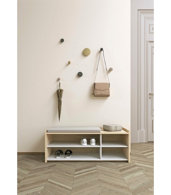 BANCO PIE DE CAMA 110 X 43 COBALA MELAMINA ROBLE Y BLANCA TELA GRIS