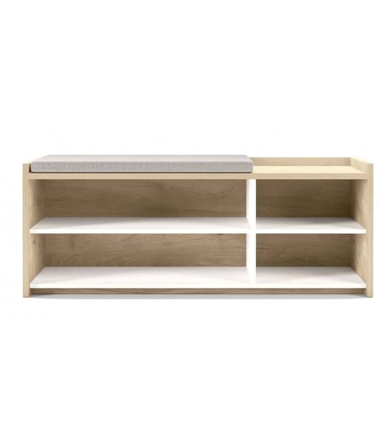 BANCO PIE DE CAMA 110 X 43 COBALA MELAMINA ROBLE Y BLANCA TELA GRIS