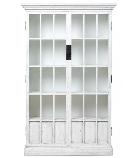 Vitrina blanca vintage de madera con puertas cristal y celosía. 1