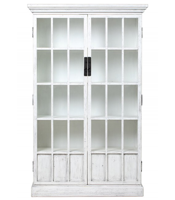 Vitrina blanca vintage de madera con puertas cristal y celosía. 1