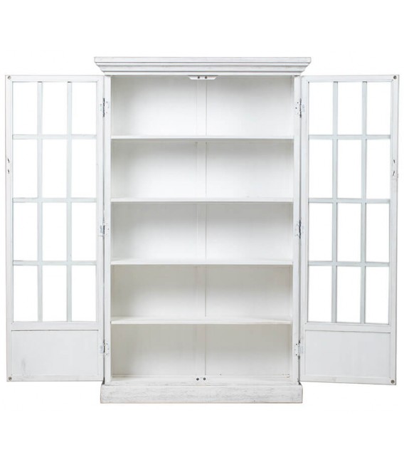 Vitrina blanca vintage de madera con puertas cristal y celosía. 2