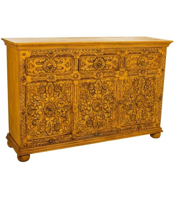 Aparador de madera de mango amarillo con 3 puertas y 3 cajones