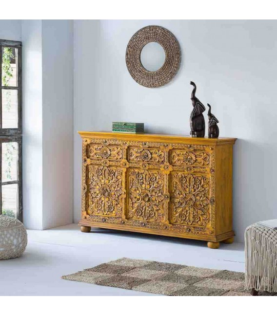 Aparador de madera de mango amarillo con 3 puertas y 3 cajones Mdmhogar