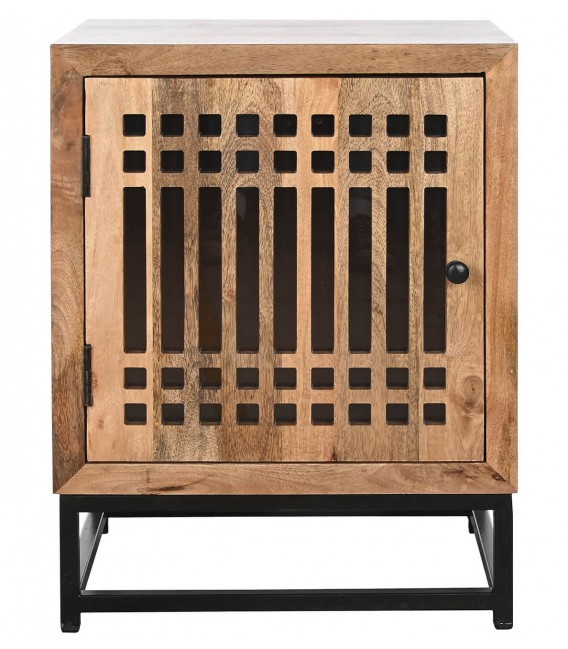 MESITA DE NOCHE 50 X 40 LISTONES MADERA NATURAL METAL NEGRO