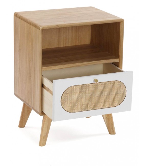 MESITA DE NOCHE 40 X 30 MANZOR MADERA Y RATAN NATURAL Y BLANCO