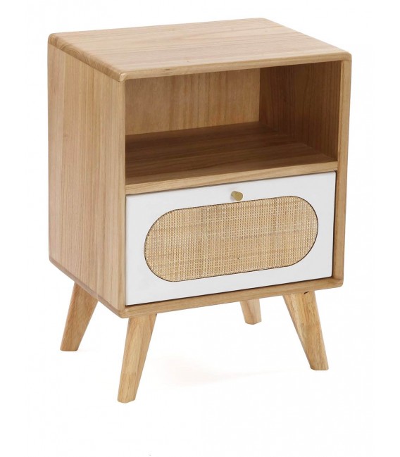 MESITA DE NOCHE 40 X 30 MANZOR MADERA Y RATAN NATURAL Y BLANCO