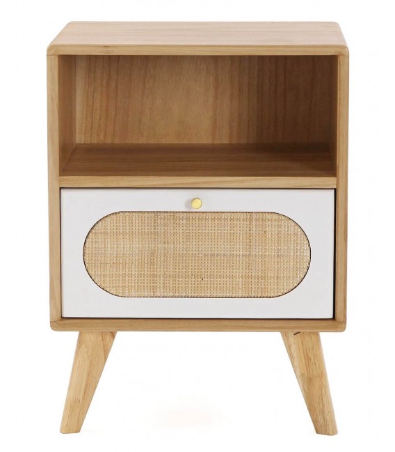 MESITA DE NOCHE 40 X 30 MANZOR MADERA Y RATAN NATURAL Y BLANCO