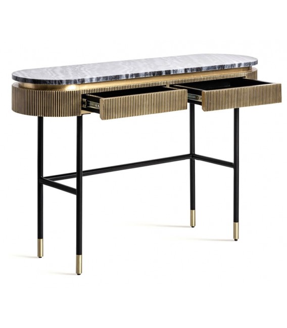 CONSOLA 130 X 38 VALBRUNA METAL ORO PATINADO NEGRO Y MARMOL