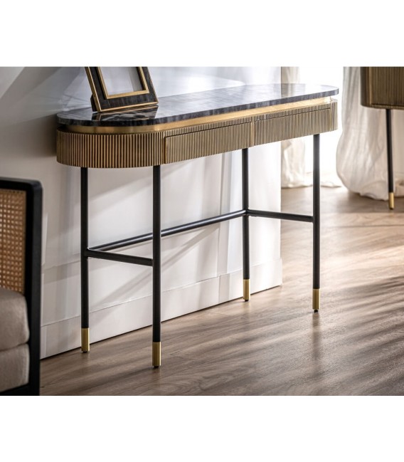 CONSOLA 130 X 38 VALBRUNA METAL ORO PATINADO NEGRO Y MARMOL
