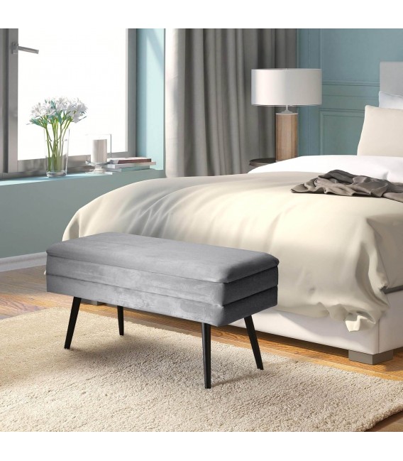 BANCO PIE DE CAMA BERGE 80 X 42 MADERA Y TEXTIL GRIS CLARO