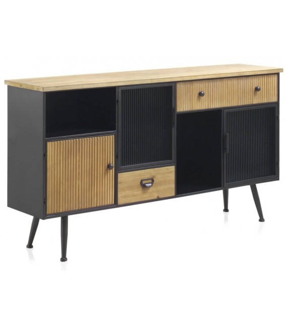 APARADOR 148 X 35 PRETOR MADERA NATURAL METAL NEGRO Y CRISTAL