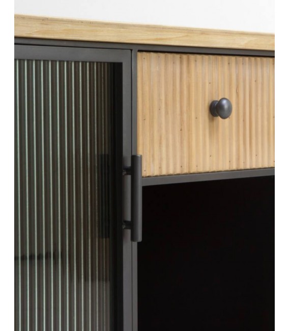 APARADOR 148 X 35 PRETOR MADERA NATURAL METAL NEGRO Y CRISTAL