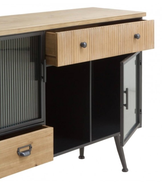 APARADOR 148 X 35 PRETOR MADERA NATURAL METAL NEGRO Y CRISTAL