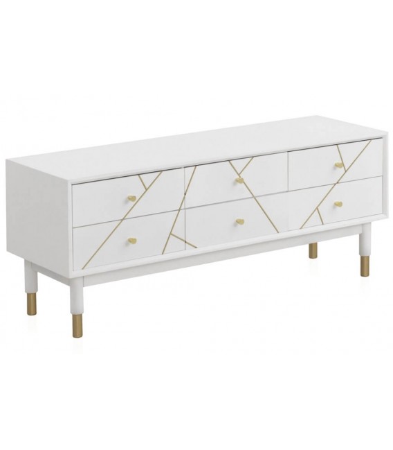 MUEBLE DE TV 120 X 40 CLARKY LACADO EN BLANCO DETALLES DORADOS