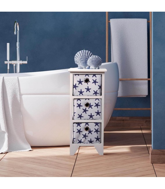 CAJONERA BAÑO 23 X 29 X 58 STRAFISH MADERA BLANCA TELA AZUL