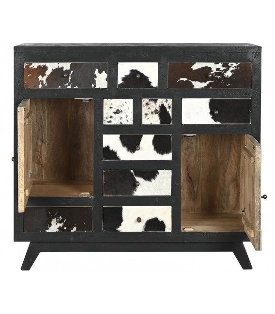 COMODA 115 X 36 X 102 PERSIBAL MADERA NEGRA PIEL DE VACA NATURAL