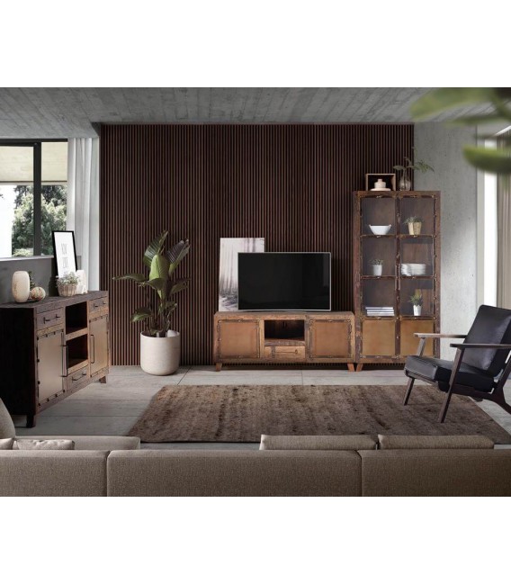 MUEBLE DE TV 150 X 40 X 60 MAPICA MADERA RECUPERADA METAL ORO VIEJO