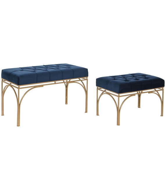 SET BANCO PIE DE CAMA 80 X 40 X 48 ARLIEN METAL ORO TEXTIL AZUL