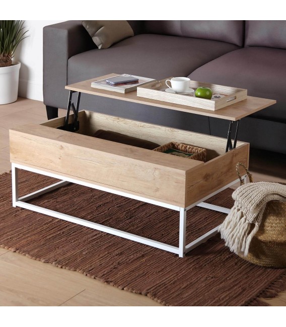 MESA DE CENTRO 100 X 55 X 40 PLUPO MDF ROBLE METAL BLANCO