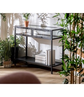 CONSOLA VITRINA 100 X 35 X 80 KIRLA METAL NEGRO Y CRISTAL