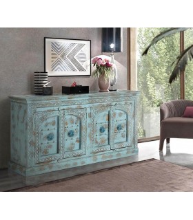 APARADOR 190 X 45 X 100 MALIBU MADERA TALLADA A MANO DECAPADA AZUL