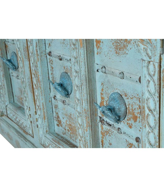 APARADOR 190 X 45 X 100 MALIBU MADERA TALLADA A MANO DECAPADA AZUL