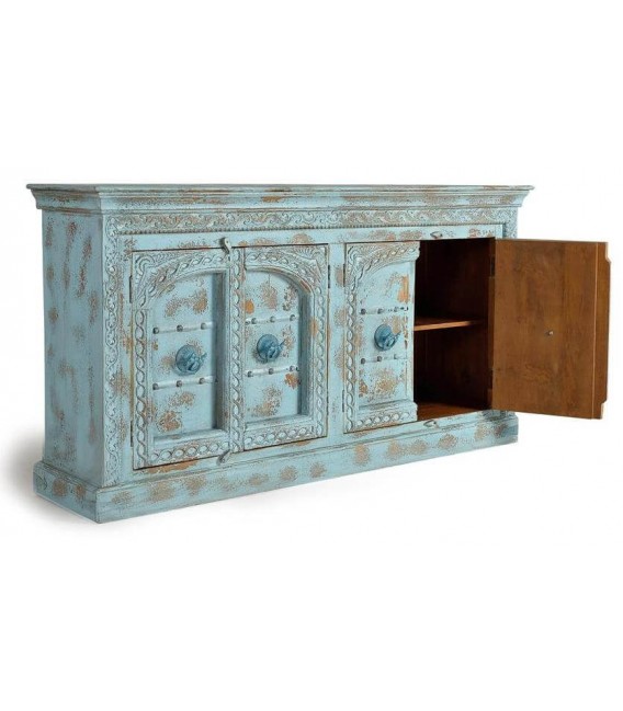 APARADOR 190 X 45 X 100 MALIBU MADERA TALLADA A MANO DECAPADA AZUL