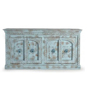 APARADOR 190 X 45 X 100 MALIBU MADERA TALLADA A MANO DECAPADA AZUL