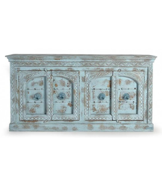 APARADOR 190 X 45 X 100 MALIBU MADERA TALLADA A MANO DECAPADA AZUL